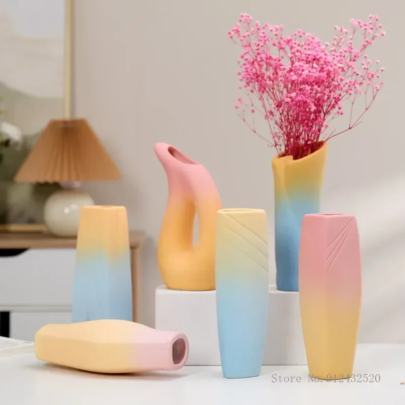 Creative Northern Europe Ceramic Flower Arrangement Device Home Living Room Bedroom, Dining Table Decor Color Gradient Vase, 1Pc