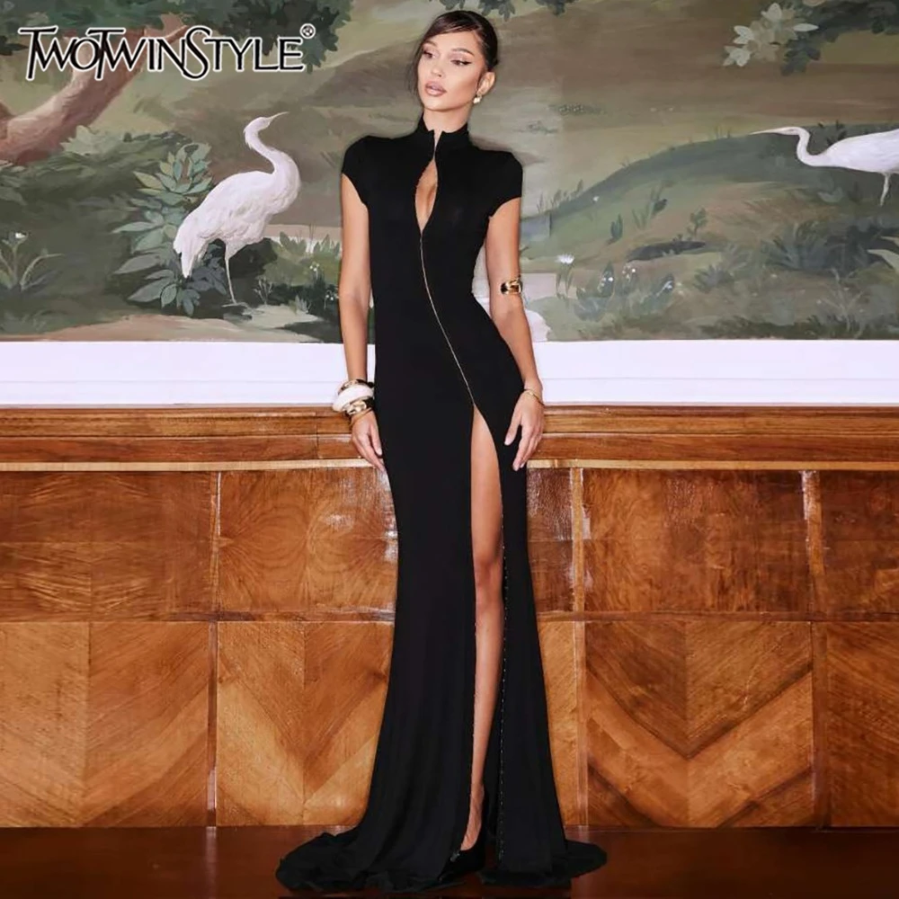 

TWOTWINSTYLE сексуальные полые платья для девочек для женщин с воротником-стойкой в стиле пэчворк, однобортное летнее платье с высоким разрезом, женское модное