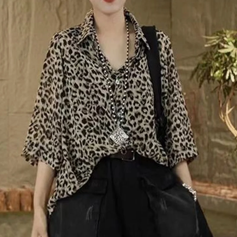 Spring Summer Leopard Loose Casual Shirt Women Turn-down Collar Single Breasted Long Sleeve Blouse Ladies Thin Style Cardigan