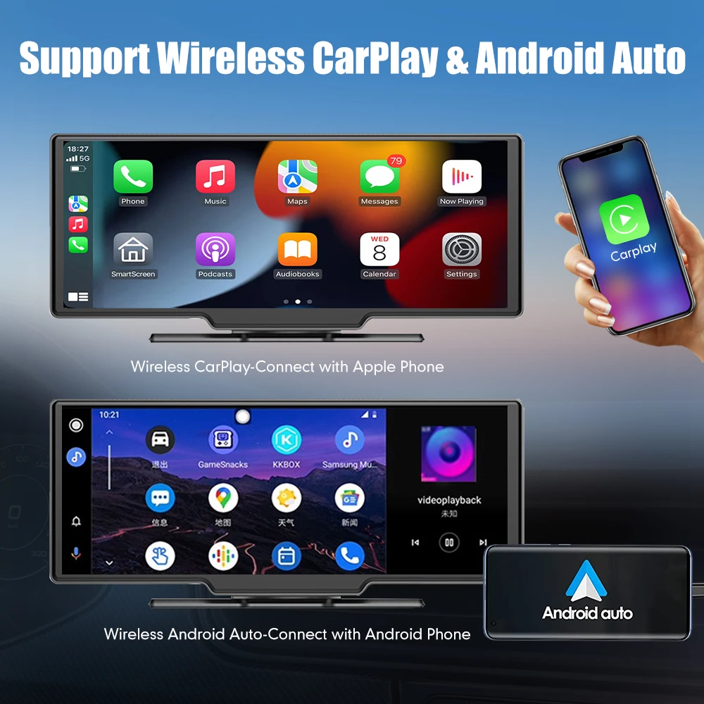 10.26 Inch Wireless CarPlay Monitor IPS Screen Android Auto Touch Screen WIFI FM BT 5.0 Rearview Dash Cam Multimedia Player AUX