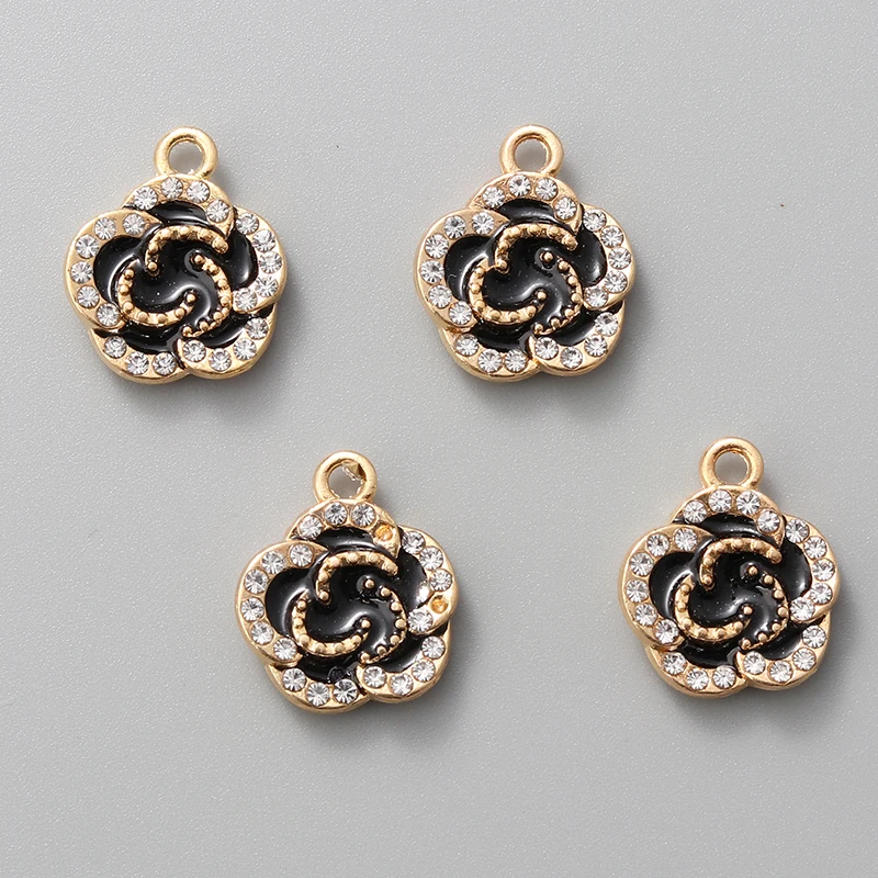 10pcs Beautiful Rose Flower Enamel Charms Black And Gold Color Romantic Pendants For Making Handamade DIY Findings Jewelry