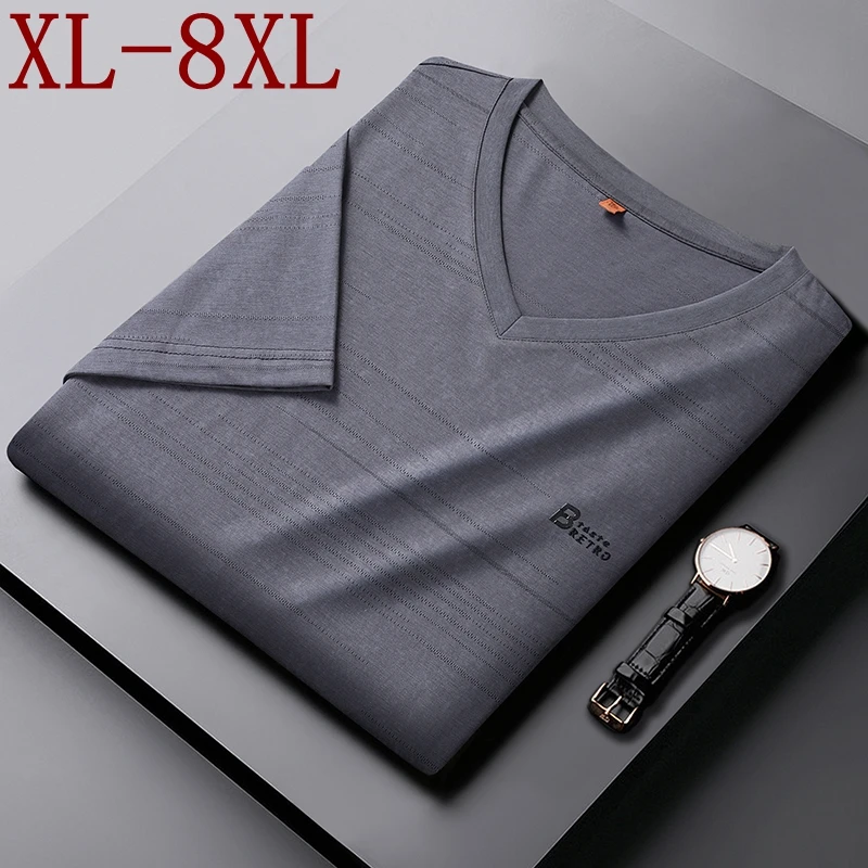 

8XL 7XL 6XL Retro Oversized Loose T Shirt For Men 2024 New Summer High End Luxury Mens Tops Short Sleeve V-Neck T-shirt Homme