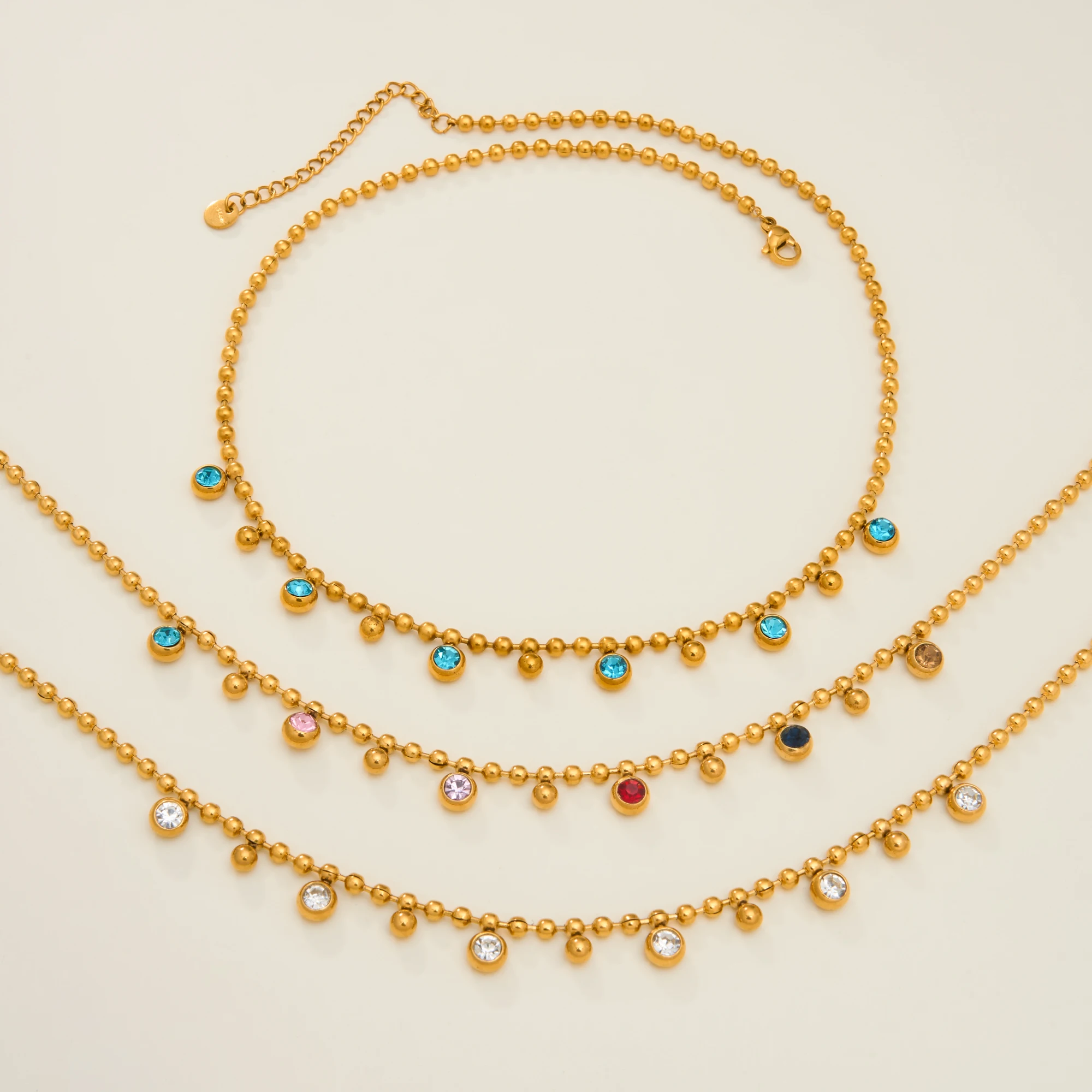 DASEIN New Vintage Round Dangle Zircon Pendant Bead Chain Necklace 18k Gold Plated Stainless Steel Dainty Jewelry for Women