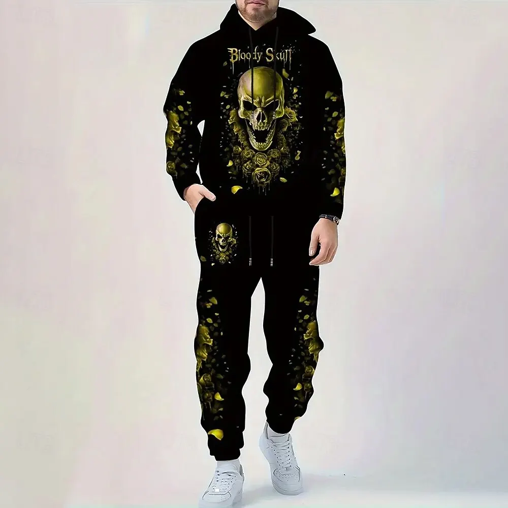 Conjuntos de sudaderas con capucha con estampado de calavera 3D para hombre, sudadera y pantalones de otoño e invierno, traje de 2 piezas, chándales informales de alta calidad a la moda