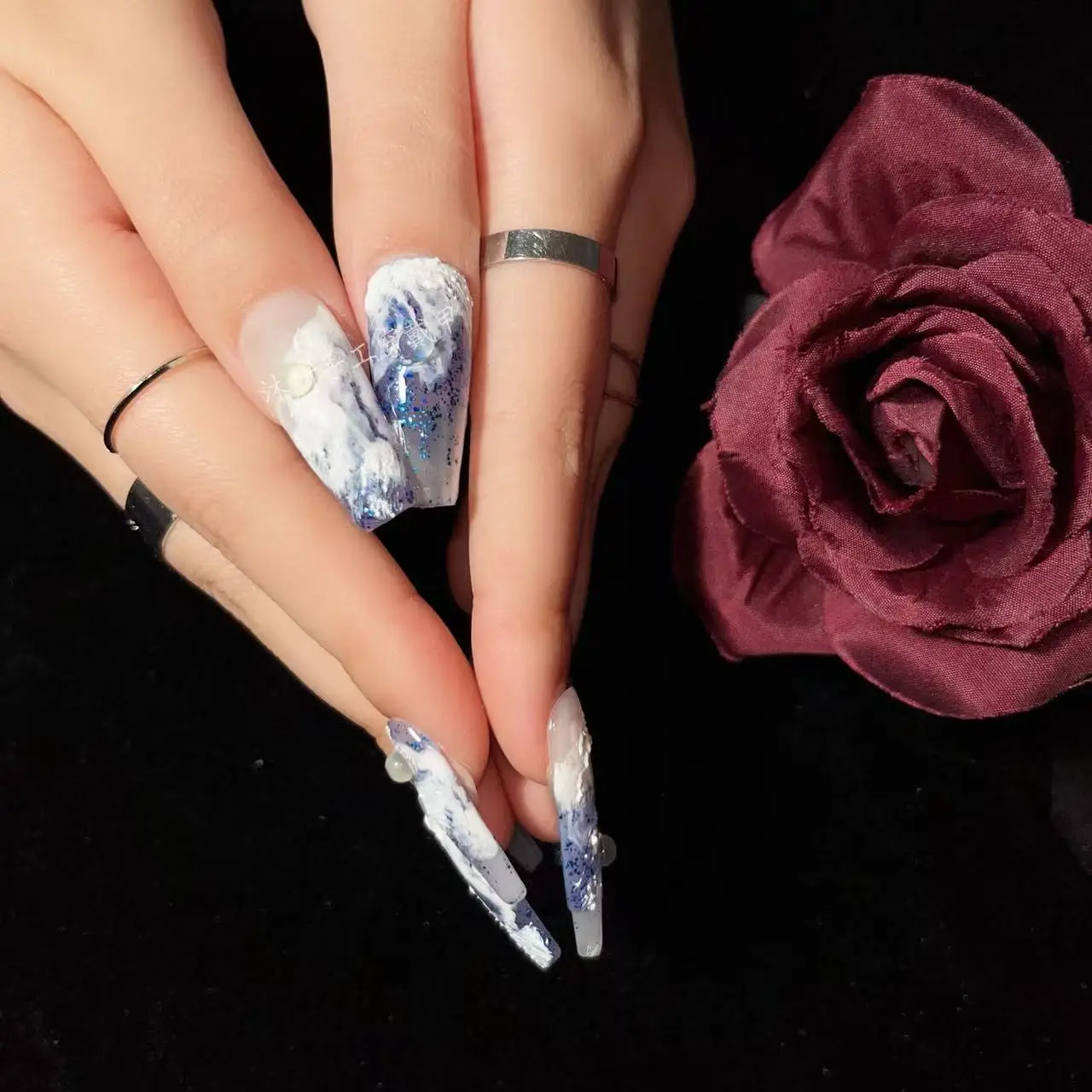 Healing Ocean Wave 3D Plaster Embossed Handmade Press On Nails, Semi-Transparent Nude Gradient Deep Blue Sea Glitter Fake Nails