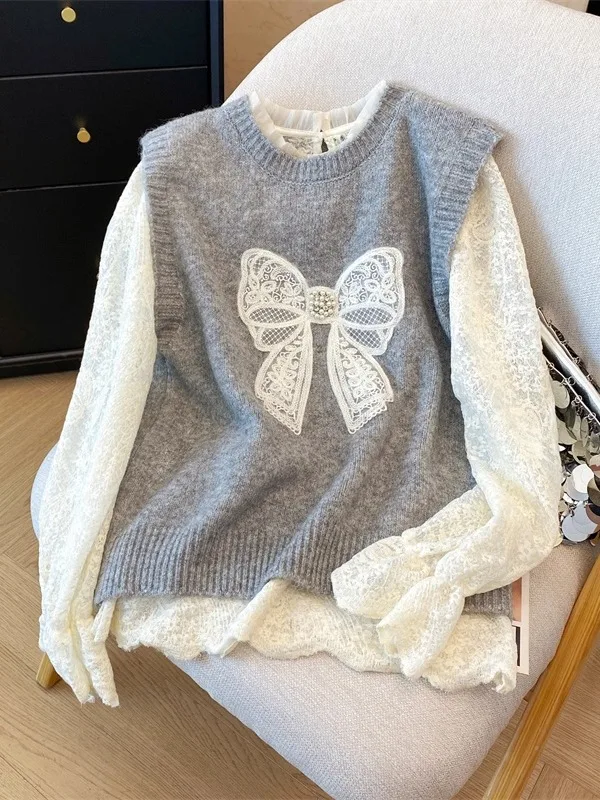 

ay Knot Knitted Vest Spring Autumn Long Sve Women's Inner Wear Two-Piece Set Casual Sle Versatile Faion