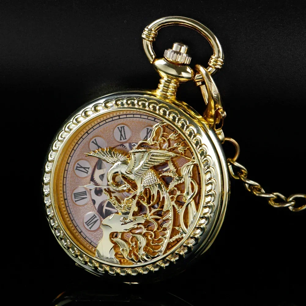 

Golden Red-Crowned Crane Sculpture Mechanical Pocket Watch Retro Hollow Case Simulated Skeleton Mens Mechanical Pocket Watch