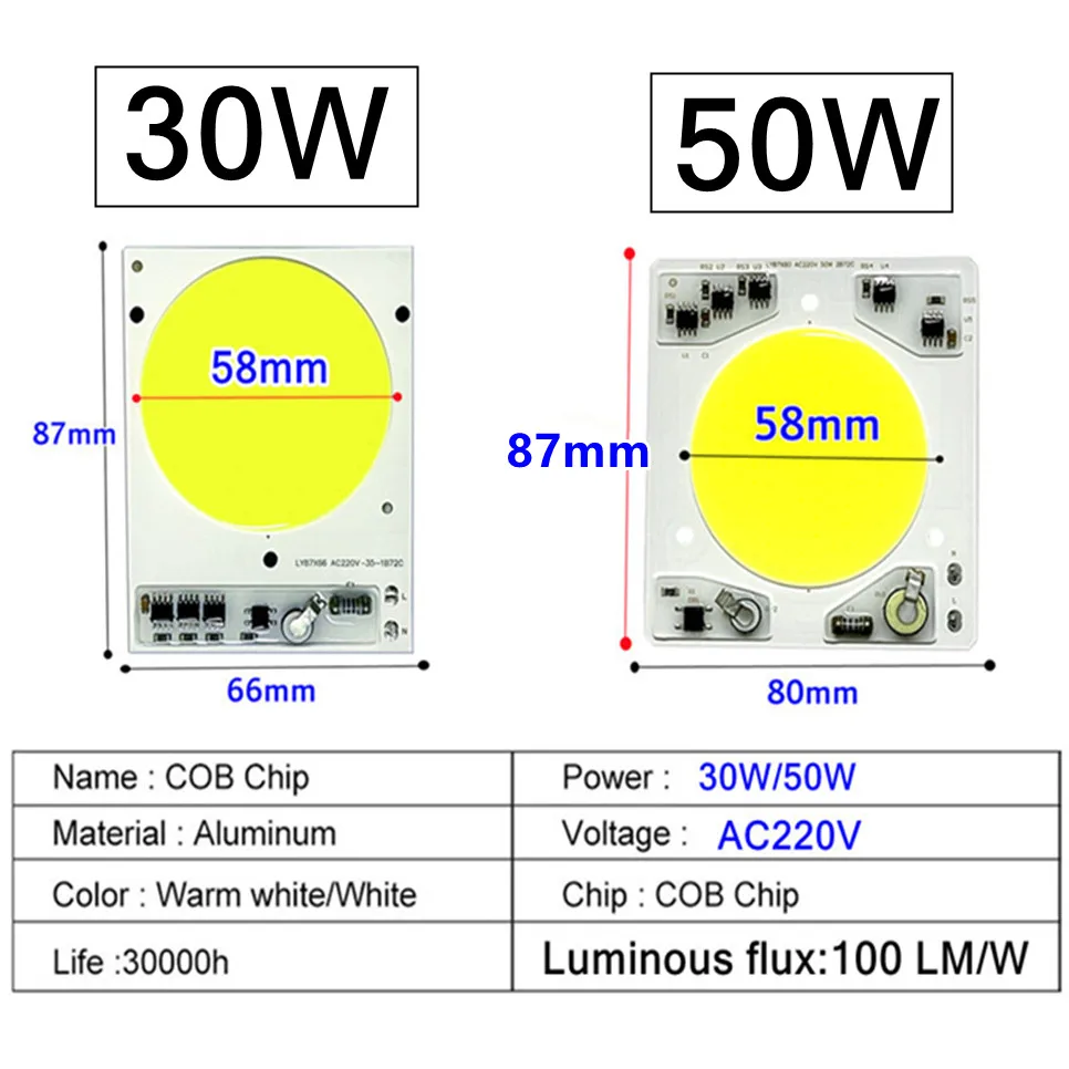 스마트 IC LED COB 칩, 드라이버 램프 불필요, 비즈 LED 전구, 투광 조명용 스포트라이트 조명, 고휘도, 30W, 50W, AC 220V