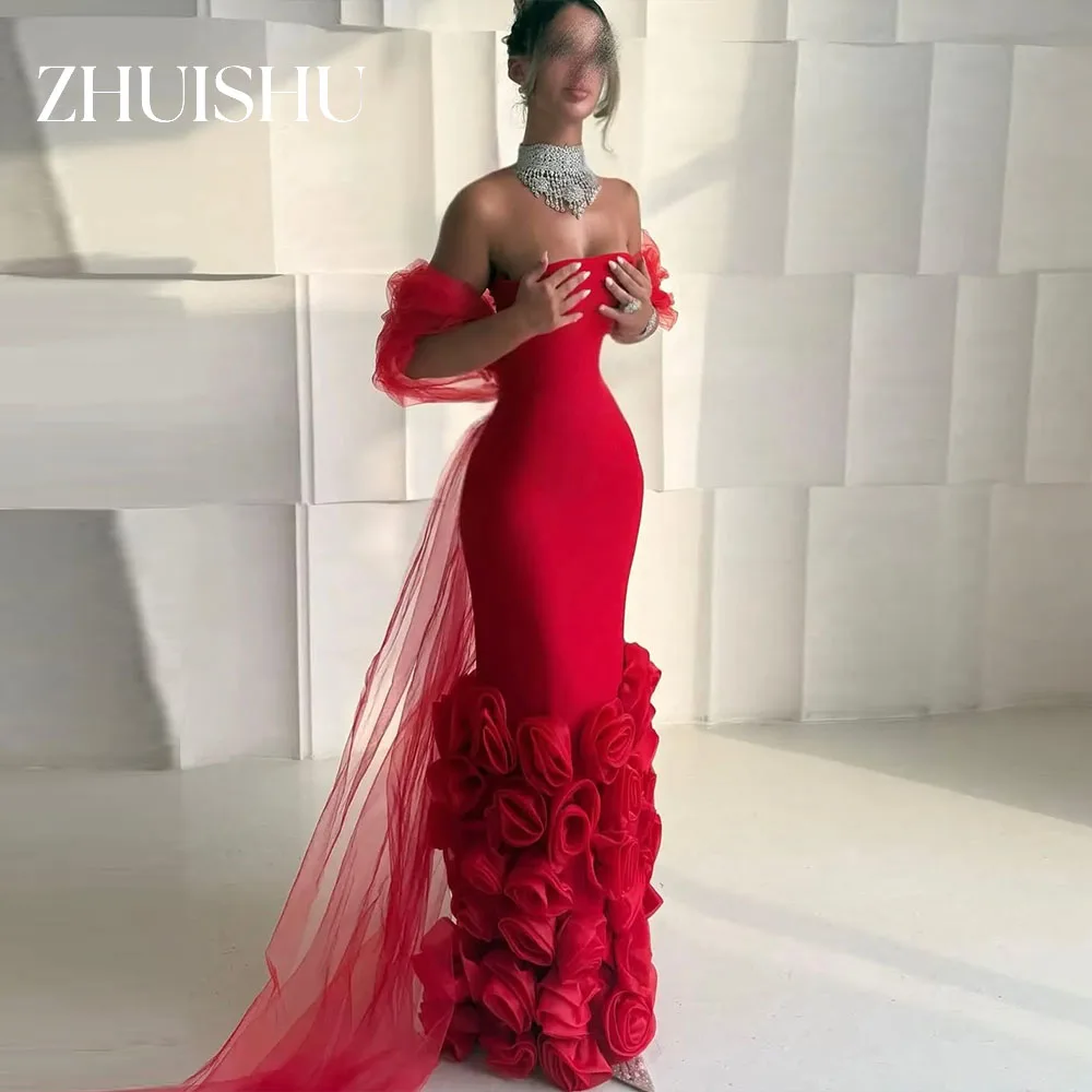 ZHUISHU Luxury Red Women Evening Dresses Strapless Sheath Handmade Flowers Party Gown Customized Formal Event Dresses 2026