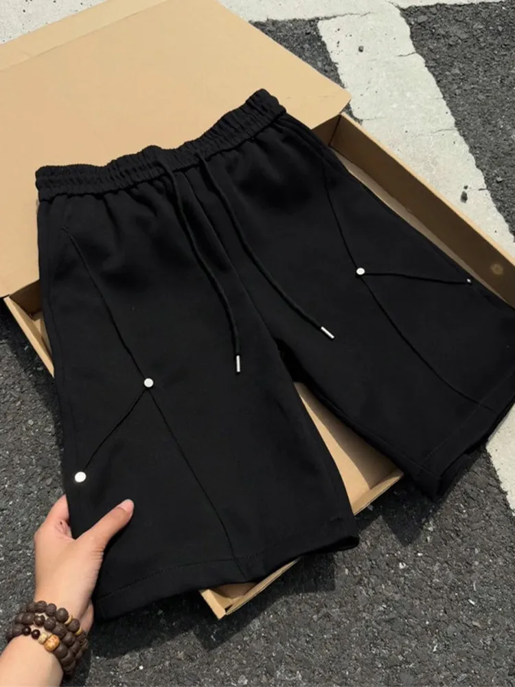 

Black Deconstructed Rivet Short Pants Men's Casual Loose Fit Five-Point Summer Shorts Youth Fashion No Brand Registered Trade...