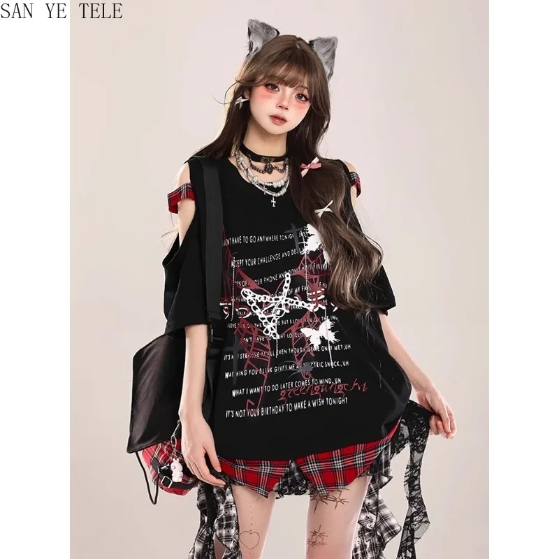 

Y2k Aesthetic Butterfly Letters Short/long Sleeved T-shirt Women Vintage Cross Printed Subculture Off Shoulder Streetwear Tops