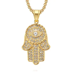 Turkish Evil Eye Hamsa Hand of Fatima Pendant Necklace Gold Color Stainless Steel Iced Out Chains For Women Men Hip Hop Jewelry