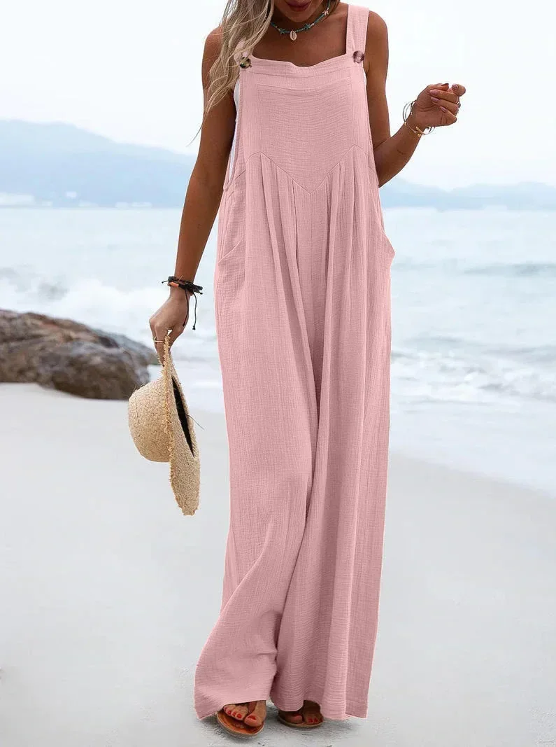 

Women Jumpsuits Overalls Sleeveless Slash Neck Solid Color Wide Leg Pants Casual Flat Slim Fit Sexy Backless 2023 Pockets