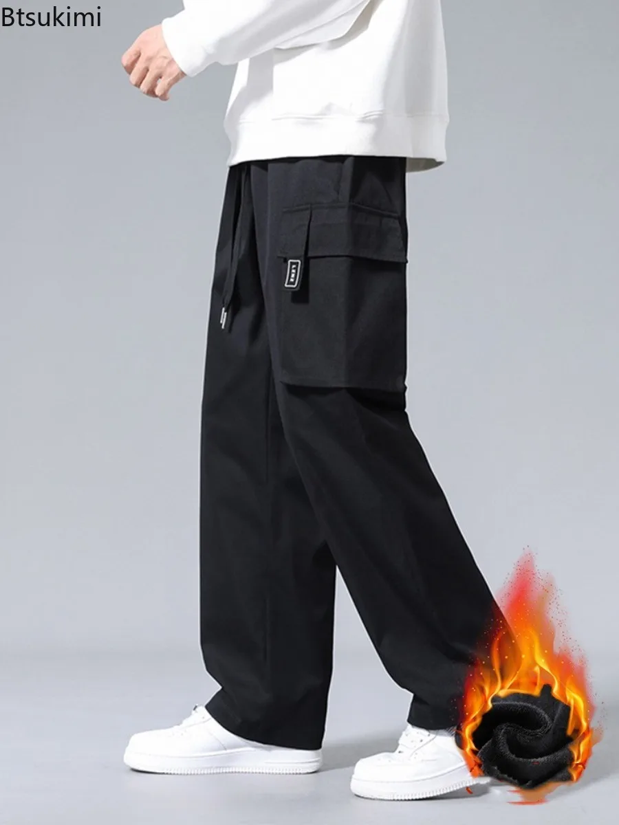 

American Style Cargo Pants Men's Loose Straight-leg Sports Casual Pants Autumn Winter Fleece Windproof Warm Men Sweatpants Youth