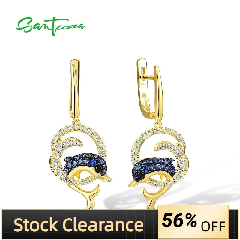 

SANTUZZA Real 925 Sterling Silver Dangling Earrings For Women Blue Nano White CZ Black Spinel Lovely Dolphin Trendy Fine Jewelry