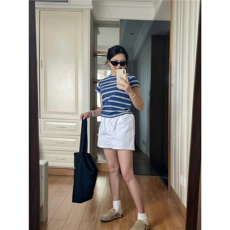 Korean Style Large Size Unique Design Letter Embroidery Blue White Stripes Women's Short Sleeve round Neck Summer Top