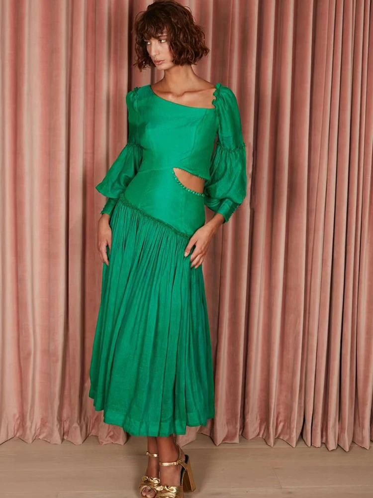 

Spring Autumn New High Quality Luxury Women'S Green Vintage Fashion Girls Holiday Button Party Elegant Sexy Green Long Dress