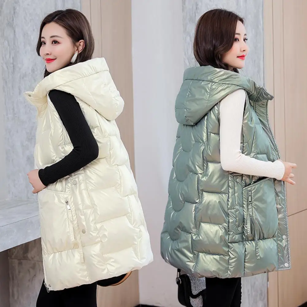 Simple Puffer Vest  Buttons Zipper Placket Thickened Down Waistcoat  Women Warm Sleeveless Long Type Hooded Jacket