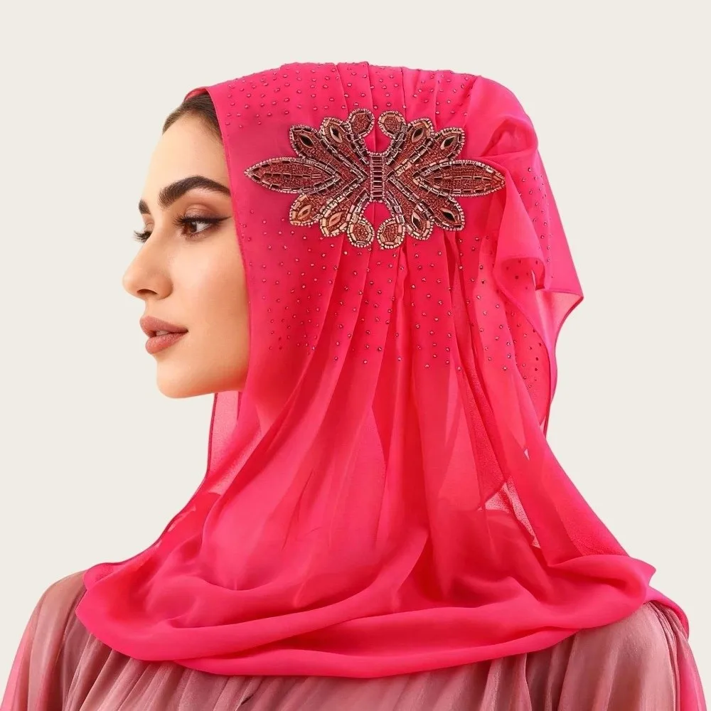 Shiny Chiffon Hijab Light Luxury Solid Color Head Wrap Turban Rhinestone Flower Decor Breathable Long Scarf Wedding Party