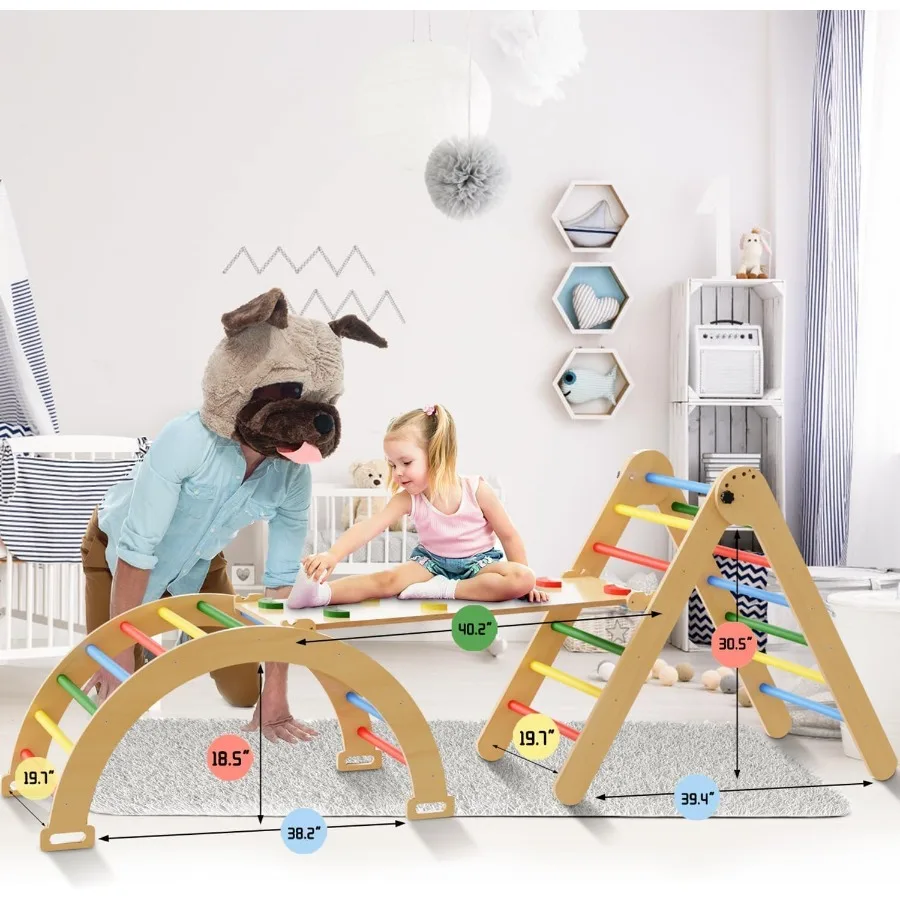 Pikler triângulo conjunto 5 em 1 dobrável montessori brinquedos de escalada de madeira bebê alpinista com arco rampa e escada interior selva ginásio para