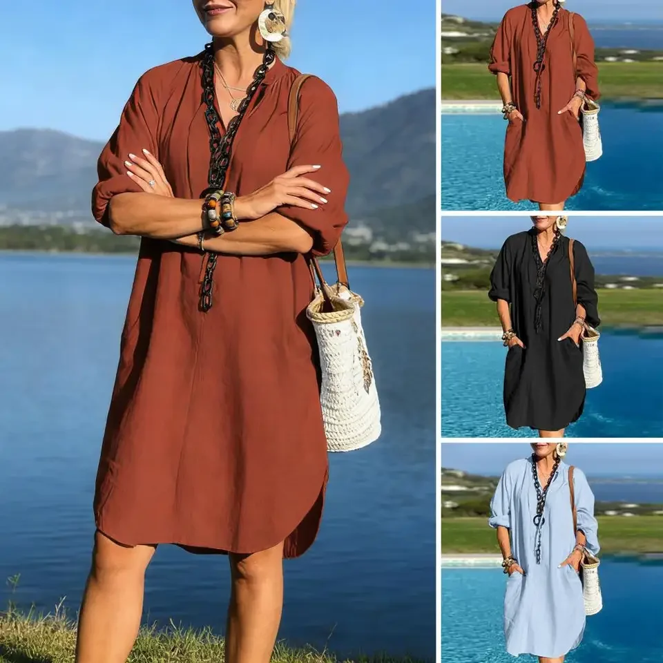 Fashion Cotton Linen Long-sleeved Loose Women's Dresses New Autumn Collection Casual Simple Pocket Elegant Female Slit Dress2026