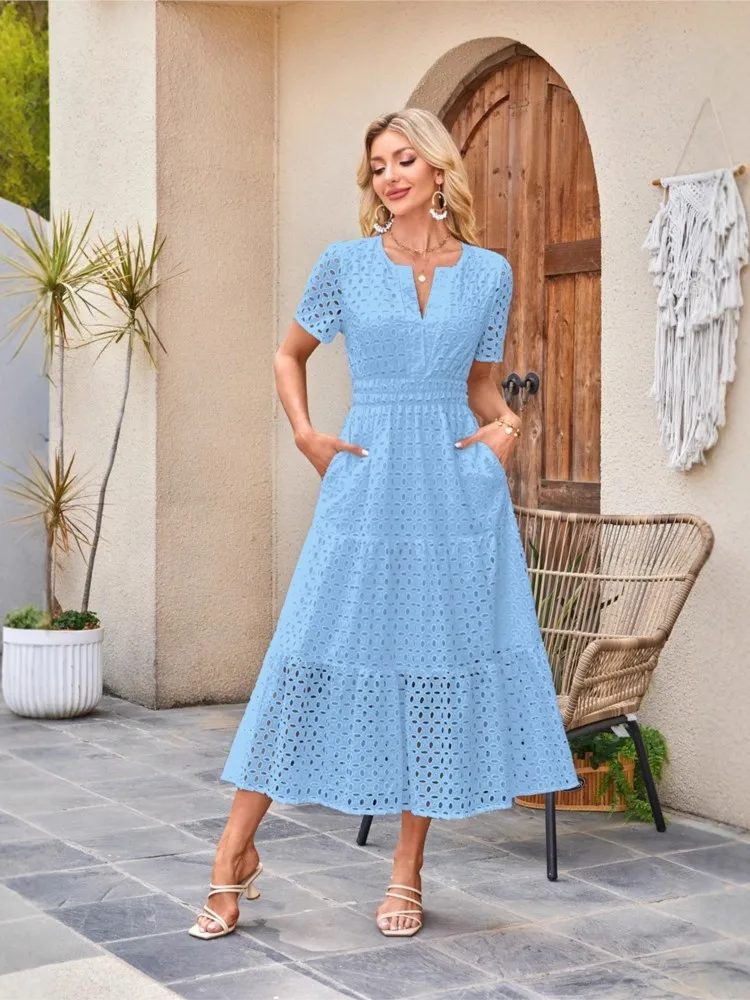 

Women's V-neck Hollowed-eye Pleated Short-sleeved Dress Summer Elegant And Simple Style High-waisted Puff Sleeve Dresses