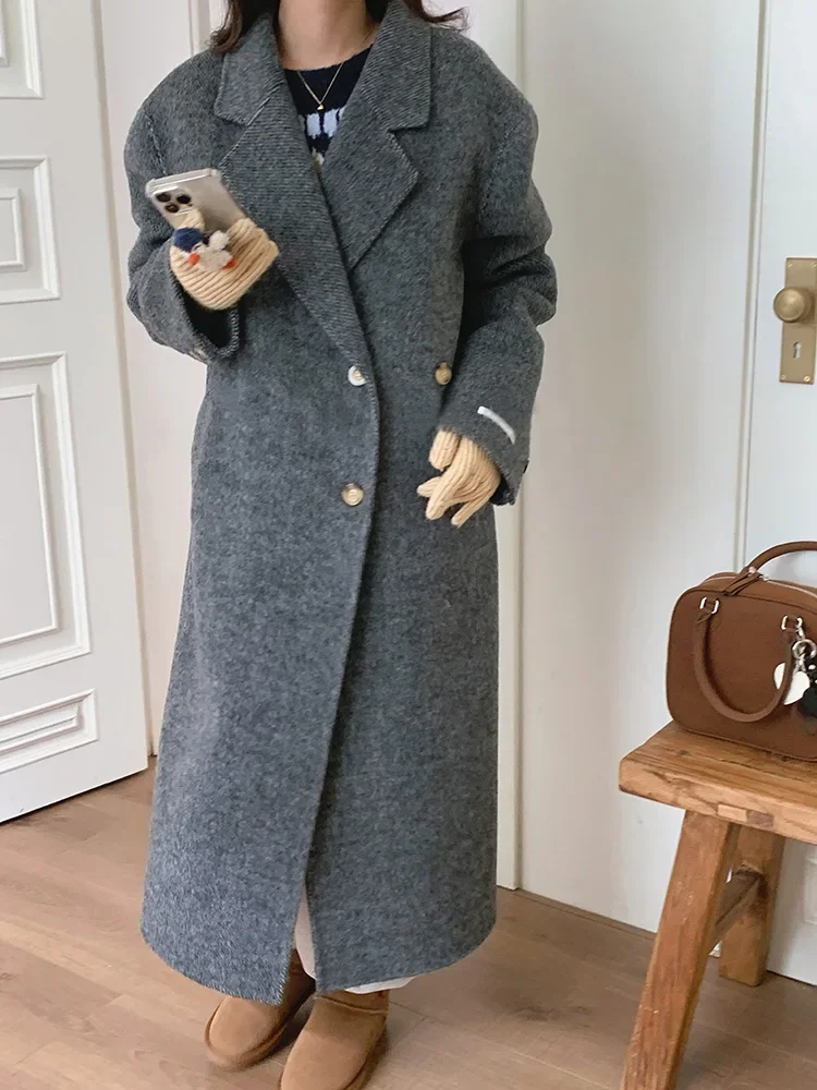 

Autumn Winter Alpaca Wool Double-sided Coat Women New Side Buckle Lapel Single Breasted All-match Woolen Coat Fashion Overcoat