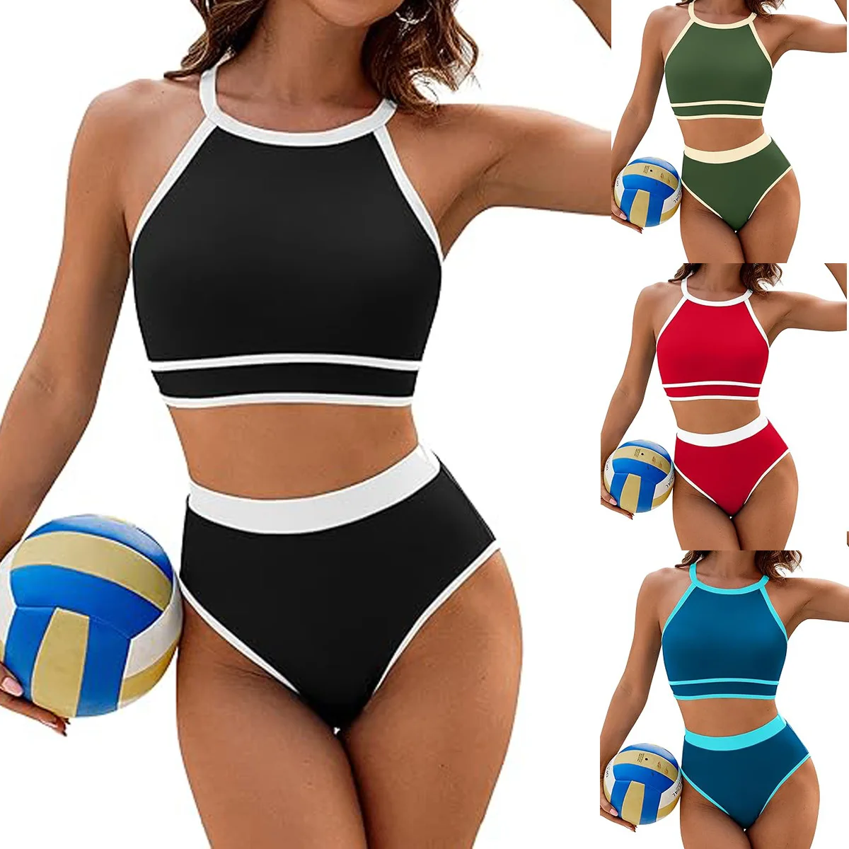2025 New European and American Women's Swimsuit High Waist Bikini Set Solid Color Sports Swimsuit Two Piece Set Swimsuit