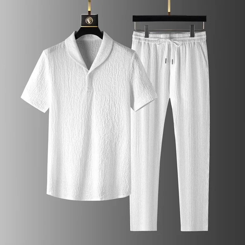 Casual Cotton Linen Slim Fit ort Sve Two Piece Set for Men Summer Thin Sportswear Faionable Youth T-irt And Pants