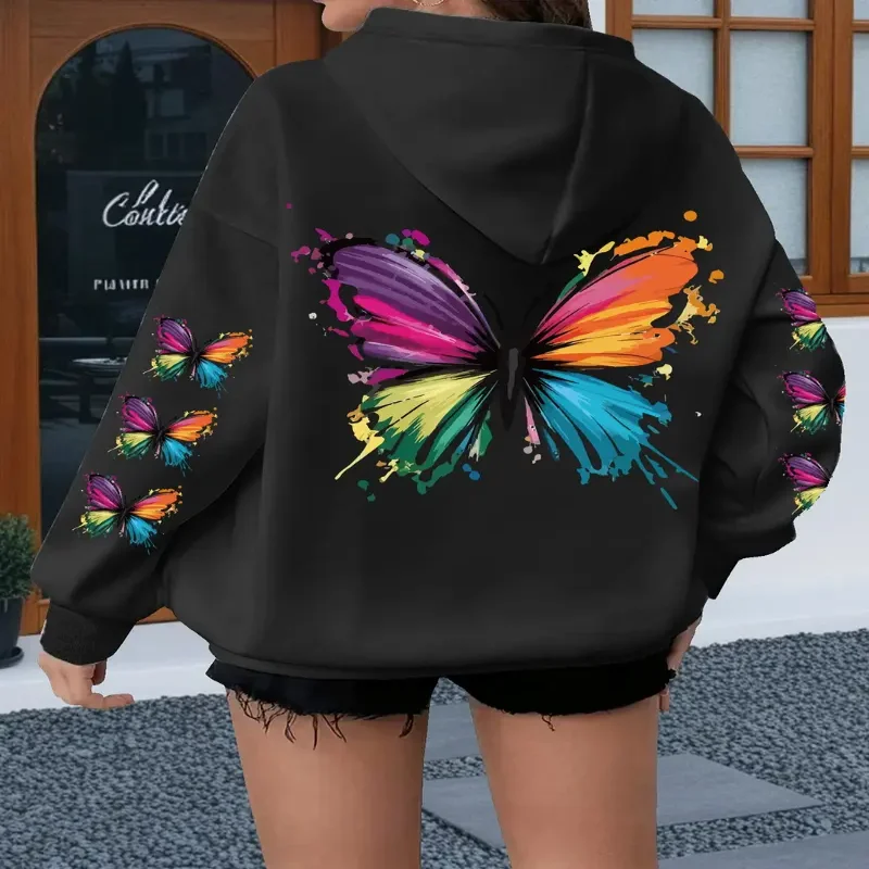 Oversized Casual Pullover With Kangaroo Pocket And Drawstring Hood Vibrant Plus Size Rainbow Butterfly Print Graphic Hoodie