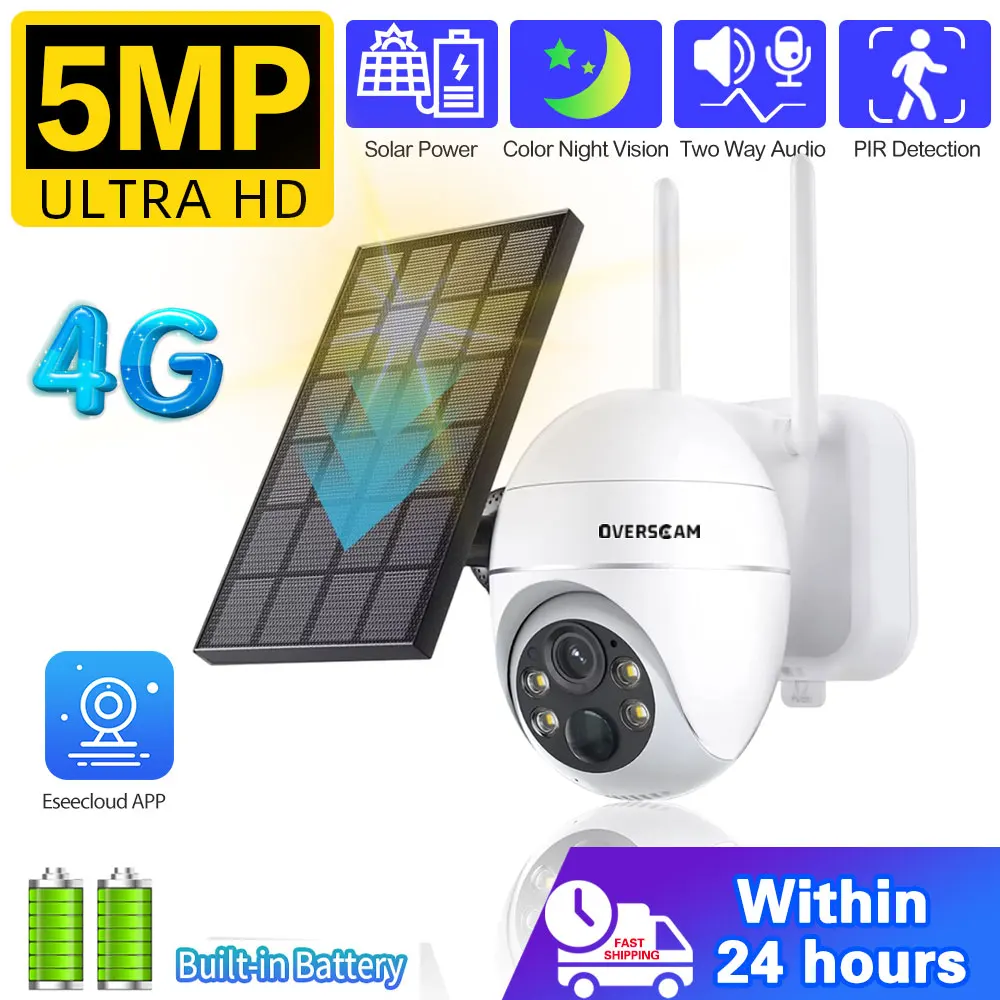 

5 МП, 4G SIM-карта, уличная PTZ-камера с солнечной батареей, 360° ° Вид PIR-датчик Обнаружение человека Цветное ночное видение Двустороннее аудио