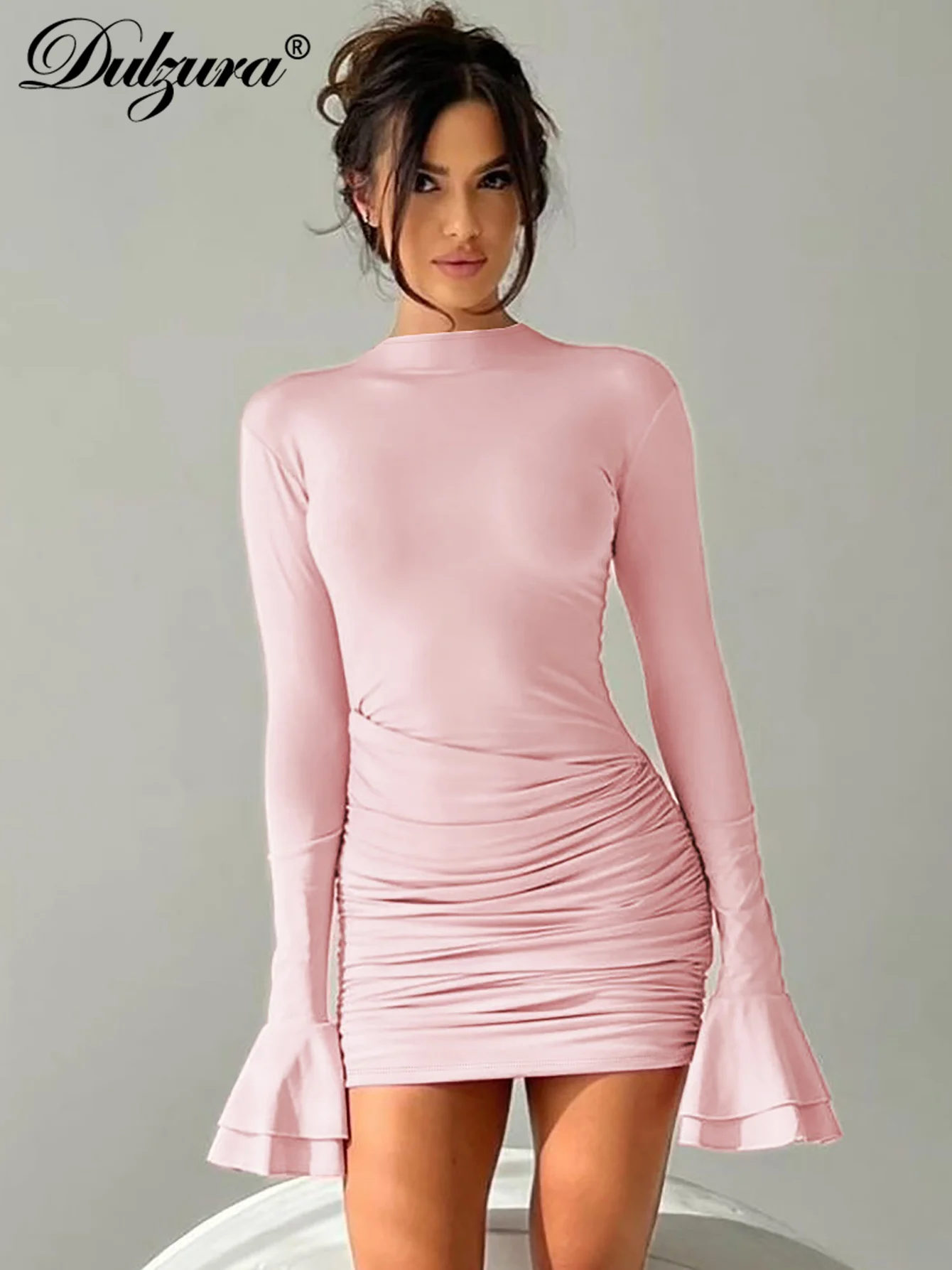 Dulzura O-Ausschnitt, lange ausgestellte Ärmel, gerüschtes, figurbetontes Minikleid für Damen, solides, sexy, elegantes Outfit, Party, Streetwear, Herbst und Winter