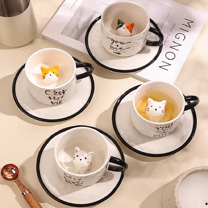 かわいい猫セラミックコーヒーカップソーサーセット、漫画の動物、朝食用ミルクカップ、家の装飾、調理器具