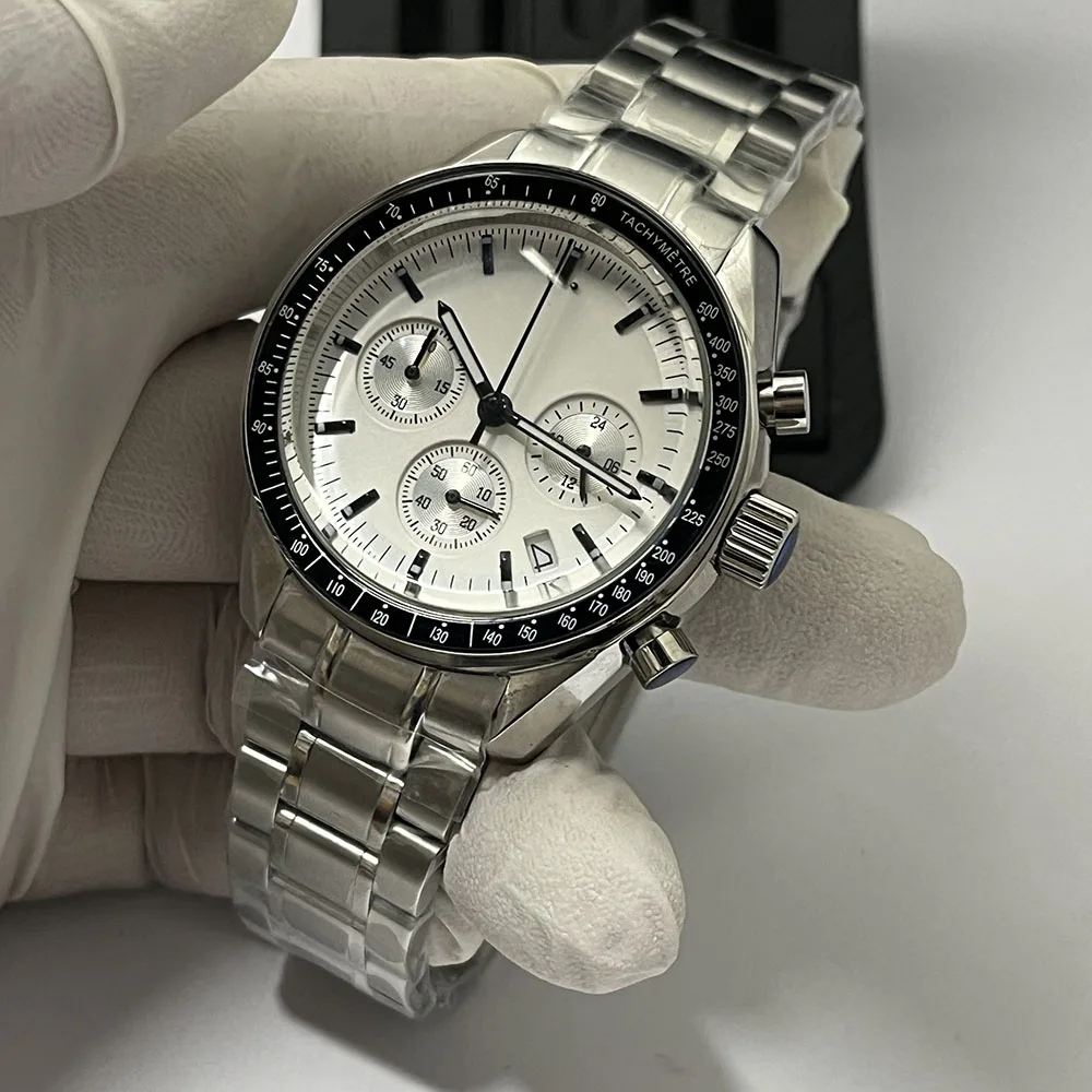 39.8 Stainless Steel Case Automatic Calendar Men's Watch VK63 Movement Thick Transparent Mirror Black and White Watch A