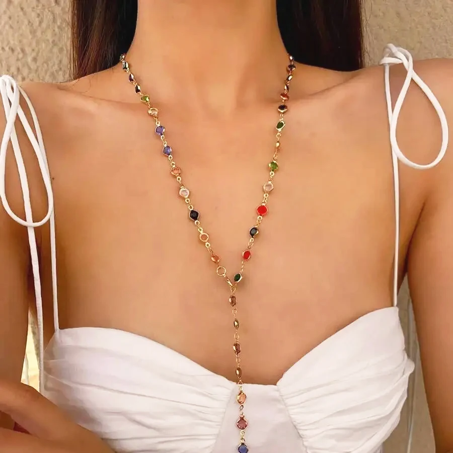 2024 Bohemian Colorful Long Y-Shaped Necklace Metal Collarbone Chain Gold Silver Color Summer Holiday Party Body Jewelry Gifts