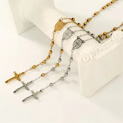 Catholic San Benito Exorcism Cross Medal Necklace For Women 3mm Stainless Steel Rosary Beads Chain Colar Feminino