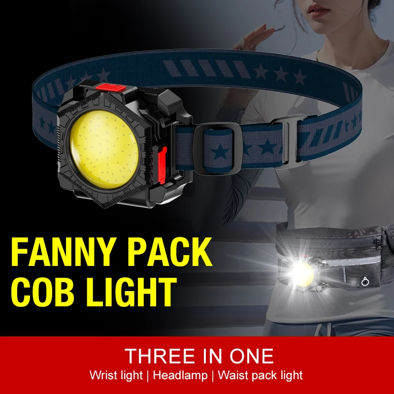

Multi functional three in one headlight for outdoor night running, head mounted waist bag light, wrist light, red light warning,
