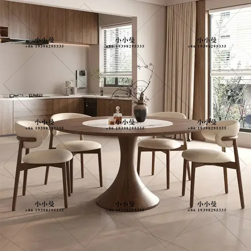 Vintage-style solid wood dining table, home use with heating dish, induction cooker rotating turntable, round table