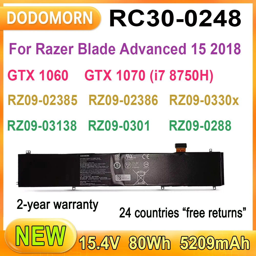 

New RC30-0248 Laptop Battery For Razer Blade Advanced 15 2018 GTX 1060 GTX 1070 (i7 8750H) Series RZ09-02385 RZ09-03135 80Wh