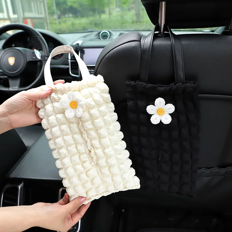 Cute Car Tissue Box with Popcorn Pattern Hanging Car Mountable Drawstring Tissue Holder
