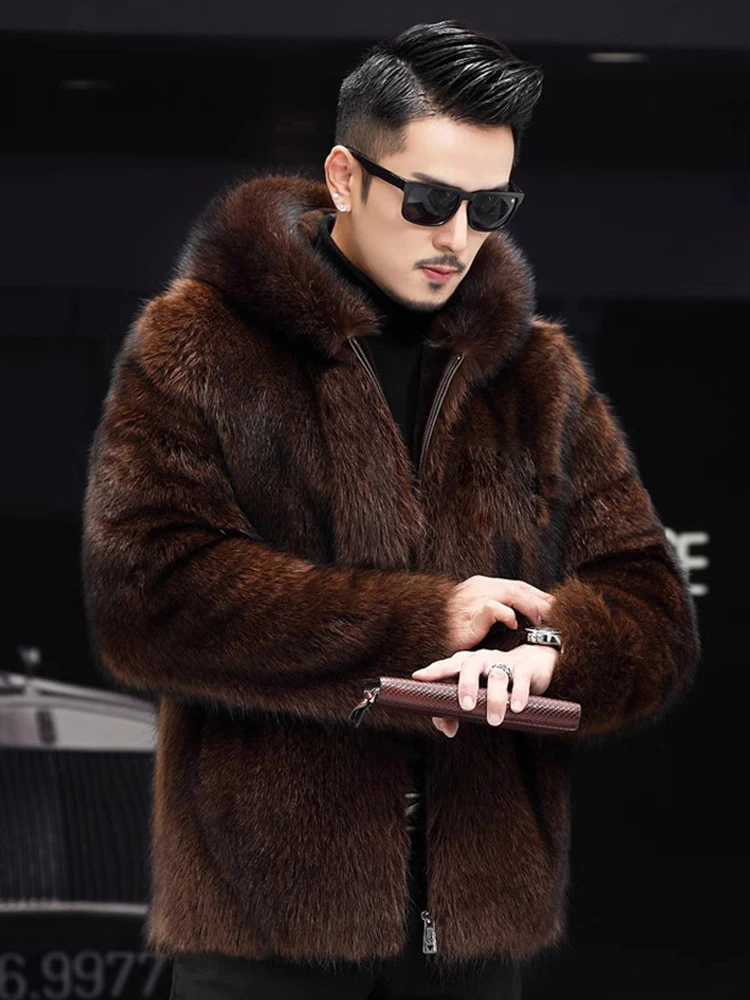 Coffee Fluffy Fur Coat 2024 Luxury Winter Warm Faux Fur Coat Men Zipper Hooded Thicken Fur Jacket Furry Outerwear Large Size