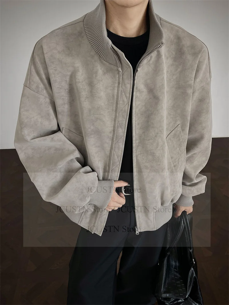 

Men's Leather Jacket Casual Youth Jacket Fashionable Thin Material Regular Length Standing Collar Pilot Jacket for Men Outwer