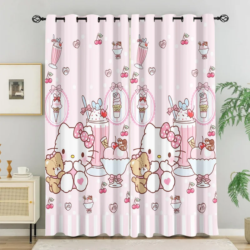 

2 PcsHello Kitty Strawberry Blackout Grommet Curtains For Bedroom Living Room Study Bathroom Breathable Polyester Home Decor