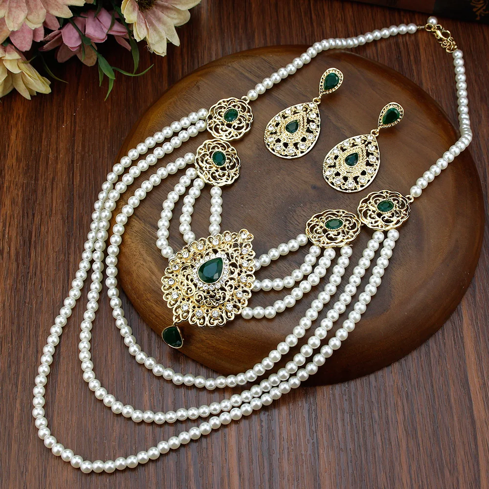 Sunspicems Morocco Bride Wedding Jewelry Algeria Women Pearl Beaded Necklace Multilayer Chain Crystal Drop Earring Caftan Bijoux