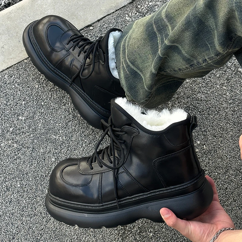 

Velvet short leather boots for men, winter warmth, big head outdoor snow boots, cotton shoes, lace up thick work shoes, black