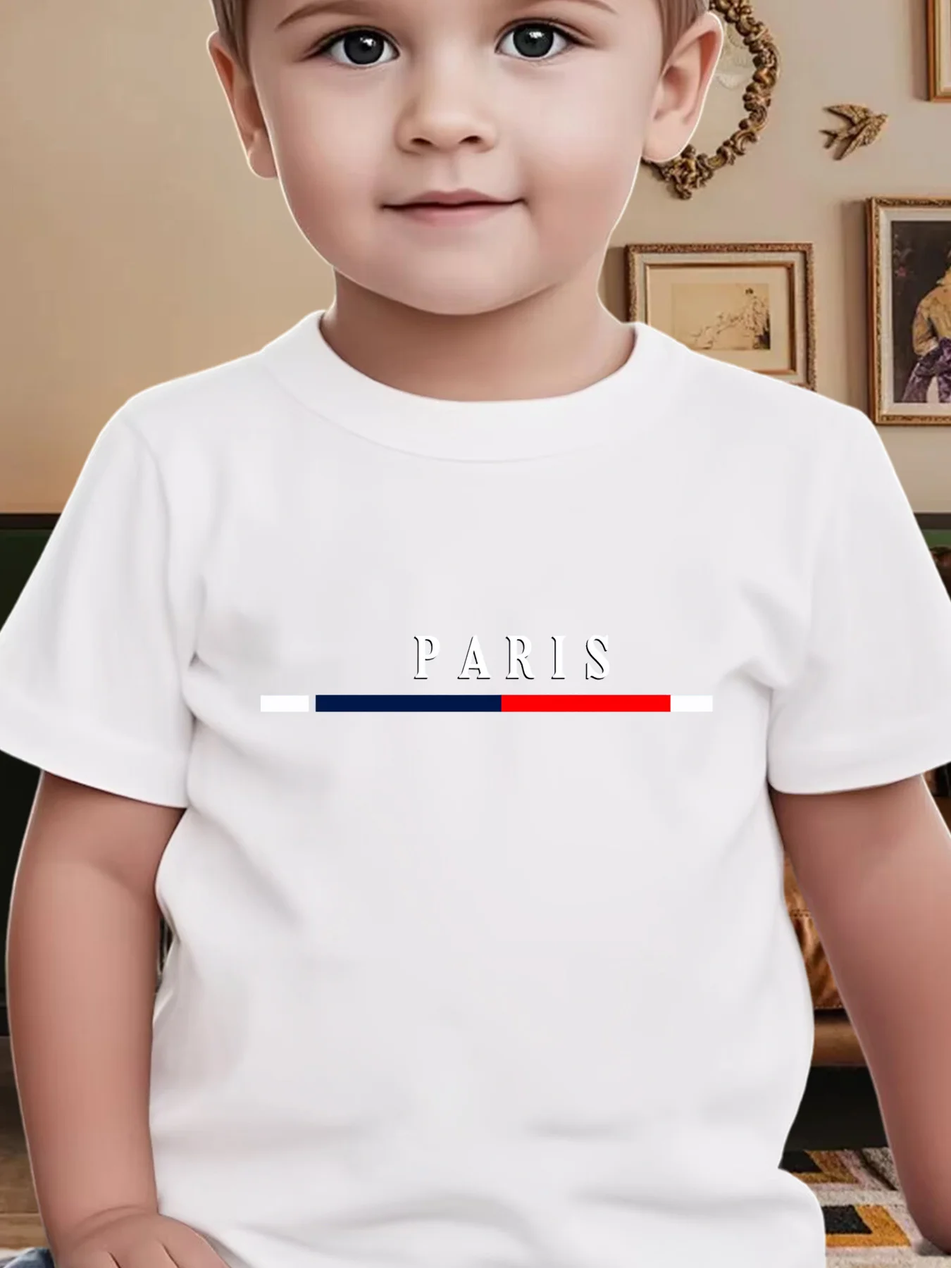 Boys Patchwork PARIS‑Letter‑Print Harajuku‑Style Short‑Sleeve Crew‑Neck T‑Shirt For Spring Summer Home Holiday Wear