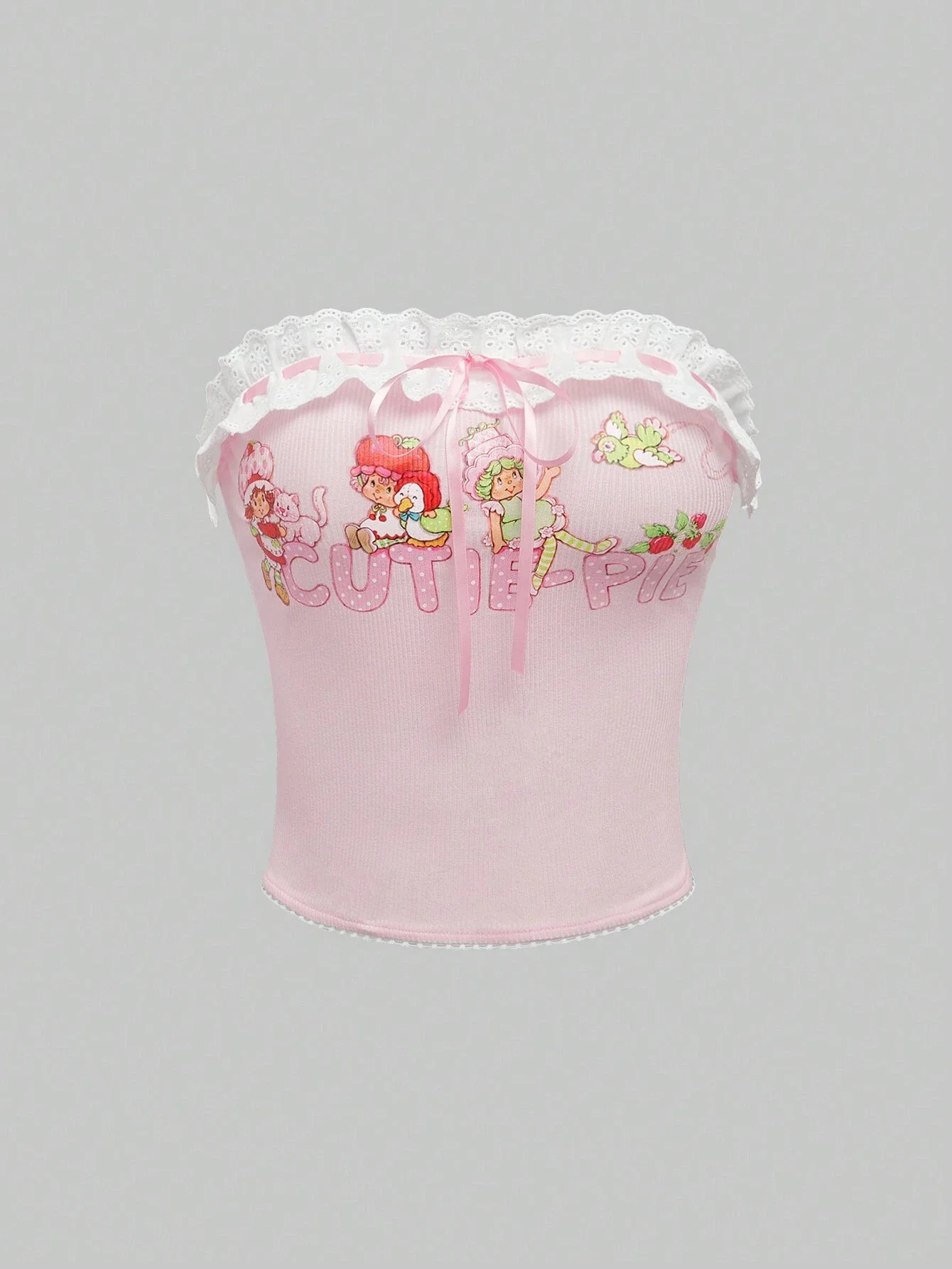 Pink Cartoon Character Letter Print Ruffle Trim Bow Tube Top