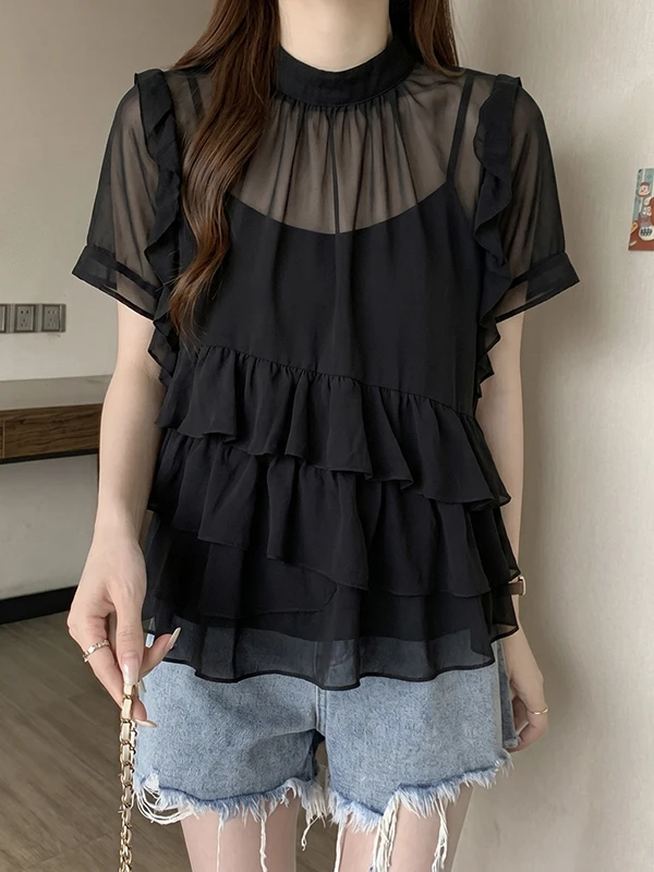 

Loose Fit Korean Style Women's Short Sleeve Chiffon Shirt Black Lace Trim Thin Design Summer Top Elegant Transparent Element