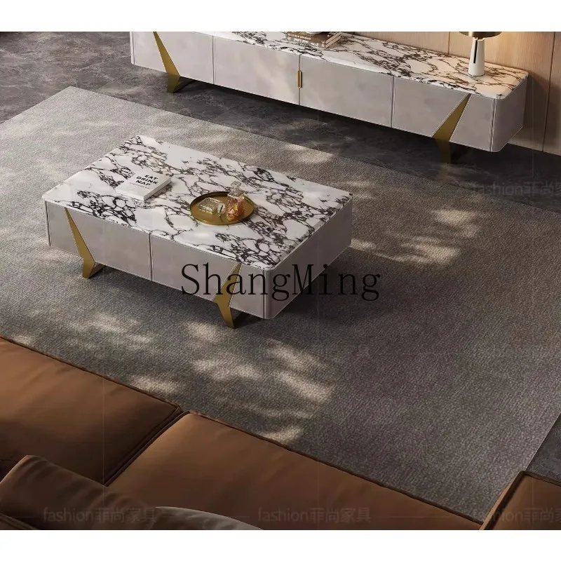 

ZHB marble TV coffee table combination modern household small apartment living room storage solid wood floor cabinet G