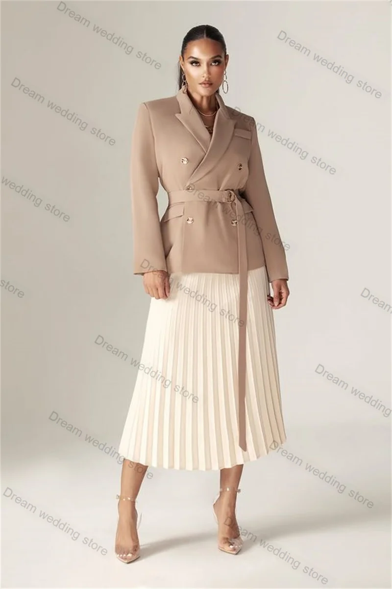 Khaki Women Suits Skirt Set 2 Piece Blazer+Midi Prom Dress Formal Wedding Tuxedo Custom Made Office Lady Autumn Jacket With Belt